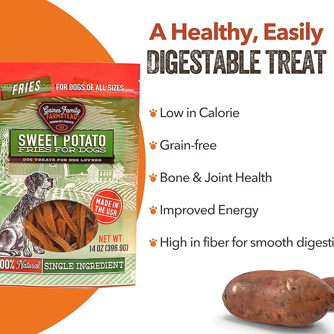 Gaines Family Farmstead Sweet Potato Dog Treats, All Natural Fries, Soft Chews for Dogs, All Ages & Breeds, Nutrient-Rich, Rawhide Alternativem, Dog Training & Rewards, 14 Oz. Bag
