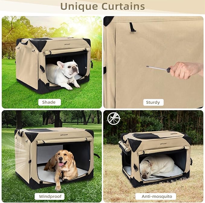 Pettycare 42 Inch Collapsible Dog Crate with Curtains Travel Dog Crate for Airflow and Calm Soft Pet Kennel with Portable Bag and More Chew Proof Mesh Indoor & Outdoor Beige 4 Door Curtains