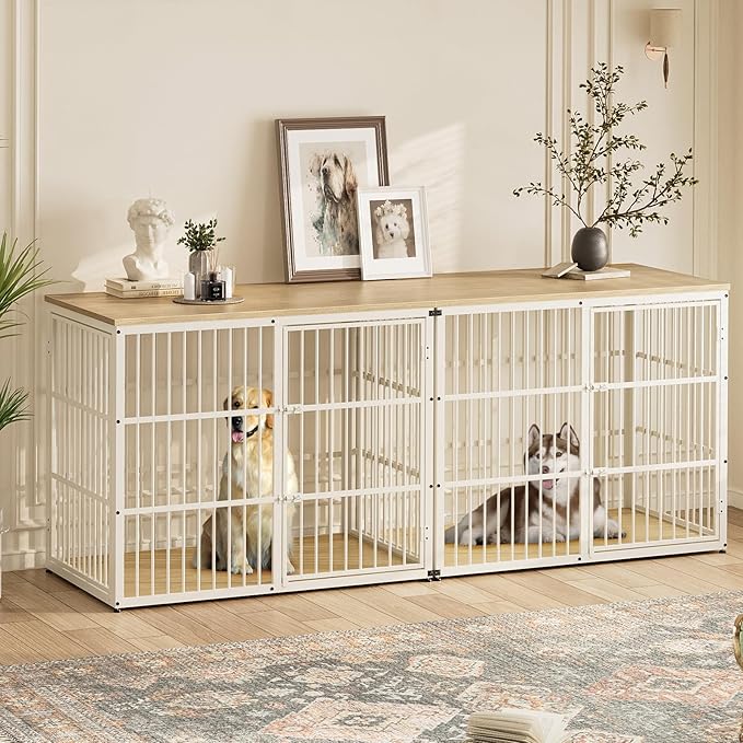 94.48'' Dog Crate Furniture Large Breed TV Stand with Double Rooms for 2 Large Medium Dogs, Wooden Indoor Kennel Crate Cage End Table with Removable Divider, Can Use Separately, Natural Beech