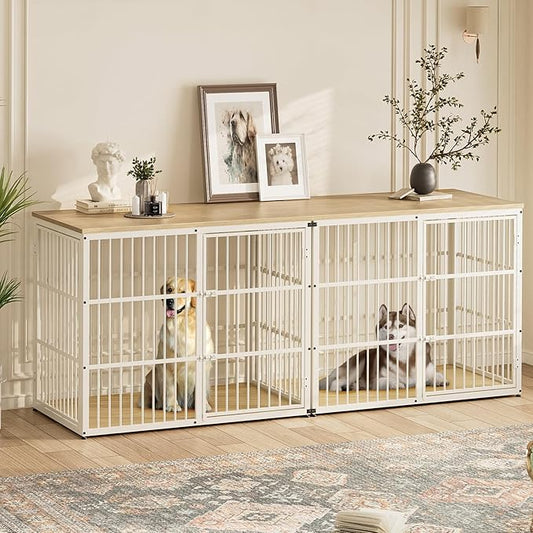 94.48'' Dog Crate Furniture Large Breed TV Stand with Double Rooms for 2 Large Medium Dogs, Wooden Indoor Kennel Crate Cage End Table with Removable Divider, Can Use Separately, Natural Beech