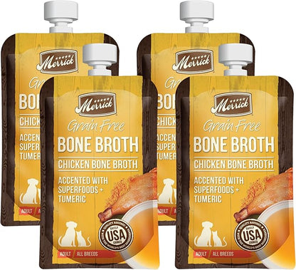 Merrick Grain Free Bone Broth, Premium Human Grade And Gluten Free Dog And Cat Food Topper Pouches, Chicken - 7 oz. Pouch (Pack of 4)