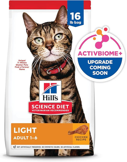 Hill's Science Diet Light, Adult 1-6, Weight Management Support, Dry Cat Food, Chicken Recipe, 16 lb Bag