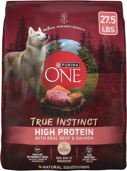 Purina ONE Natural High Protein Dry Dog Food Dry True Instinct with Real Beef and Salmon With Bone Broth and Added Vitamins, Minerals and Nutrients - 27.5 lb. Bag