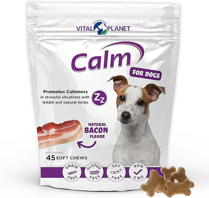 Vital Planet - Calm Soft Chews for Dogs, Promotes Calmness in Stressful Situations with GABA, Colostrum, Valerian, Turmeric, Chamomile, and L-Theanine - 45 Natural Bacon Flavored Soft Chews
