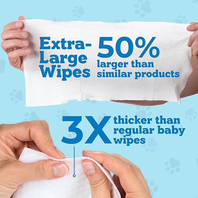 Pets XL Hypoallergenic Pet Wipes - Deodorizing No Bath Cleaning for Dogs & Puppy Grooming | Ear, Face, Butt, Paw Wet Wipe | Enriched w/Aloe, Chamomile, Oat Amino Acids | Healthier Coat & Skin