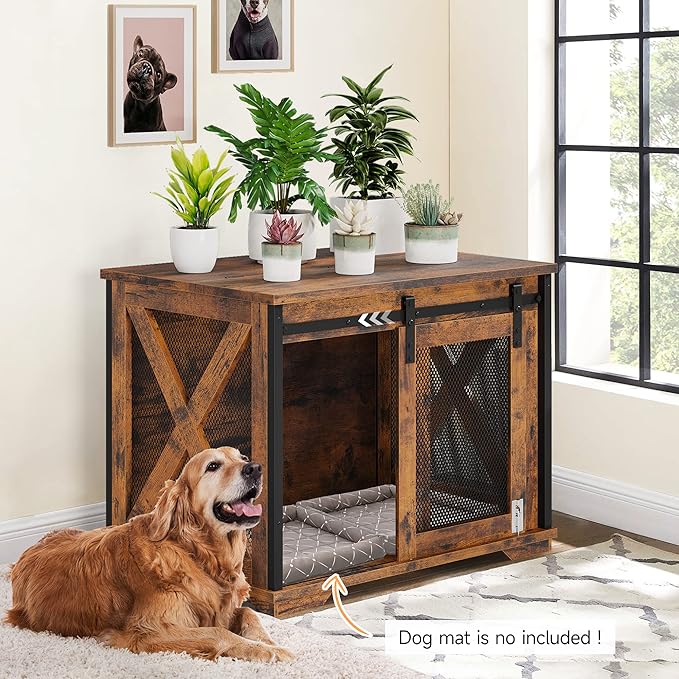 GAOMON Sliding Doors Dog Crate Furnitureï¼_ndoor Wooden Dog Crate Furniture with End Table and Flip-top Plateï¼_etachable Divider for Dog Kennel,Dog House, Rustic Brown