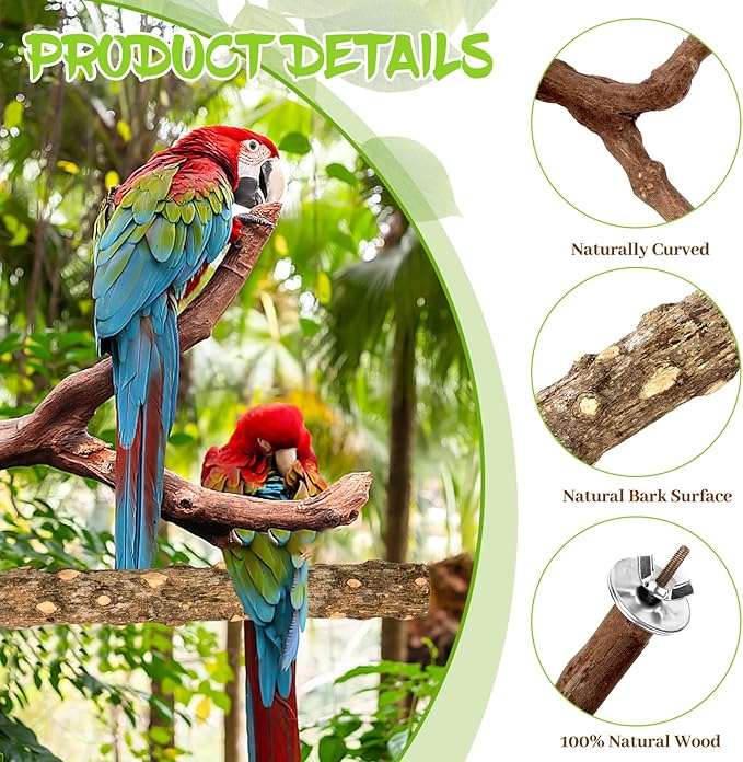 Natural Wood Bird Perches for Cage, Parrot Perch Stand & Platform, Bird Cage Accessories for Parakeets, Cockatiels, Conures, Lovebirds (Brown, Natural Grapewood Variety Set - 8PCS)