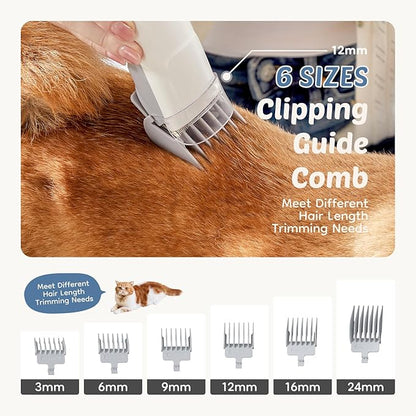 DUMOS 5-in-1 Cordless Pet Grooming Vacuum Kit - Ultra-Quiet Clippers, 2.5L XL Dust Cup, 3 Suction Modes & 5 Pro Tools for Dogs/Cats | Tangle-Free Grooming, All-in-One Cleaning (White)