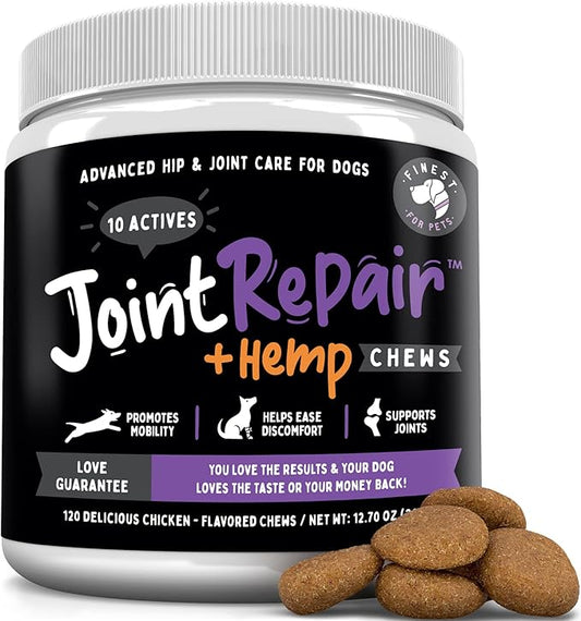 Finest For Pets Joint Repair Hip and Joint Chews for Dogs Glucosamine, Chondroitin, MSM, Hemp, Omega 3 & Turmeric for Dog Joint Support, Mobility & Pain Relief - (120 Chicken Chews, Made in USA)