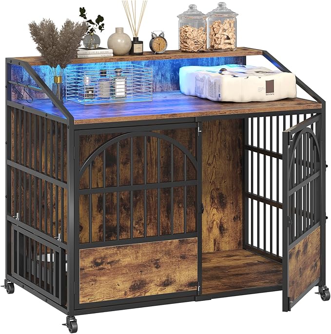 44 Inch Heavy Duty Dog Crate Furniture with 3 Doors, Dog Kennel with 360° Stainless Steel Bowls, Lockable Wheels, Wood Dog Cage End Table with Led Light, Pet Crate Dog Cage for Large/Medium/Small Dogs