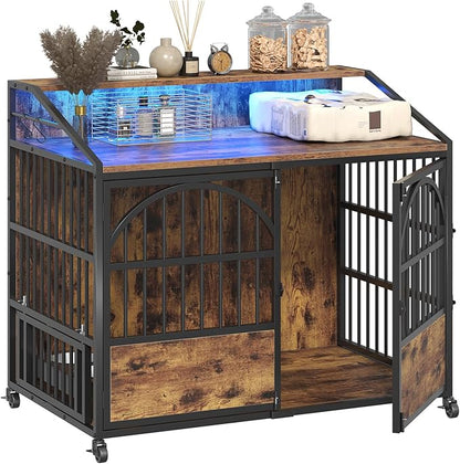 44 Inch Heavy Duty Dog Crate Furniture with 3 Doors, Dog Kennel with 360° Stainless Steel Bowls, Lockable Wheels, Wood Dog Cage End Table with Led Light, Pet Crate Dog Cage for Large/Medium/Small Dogs