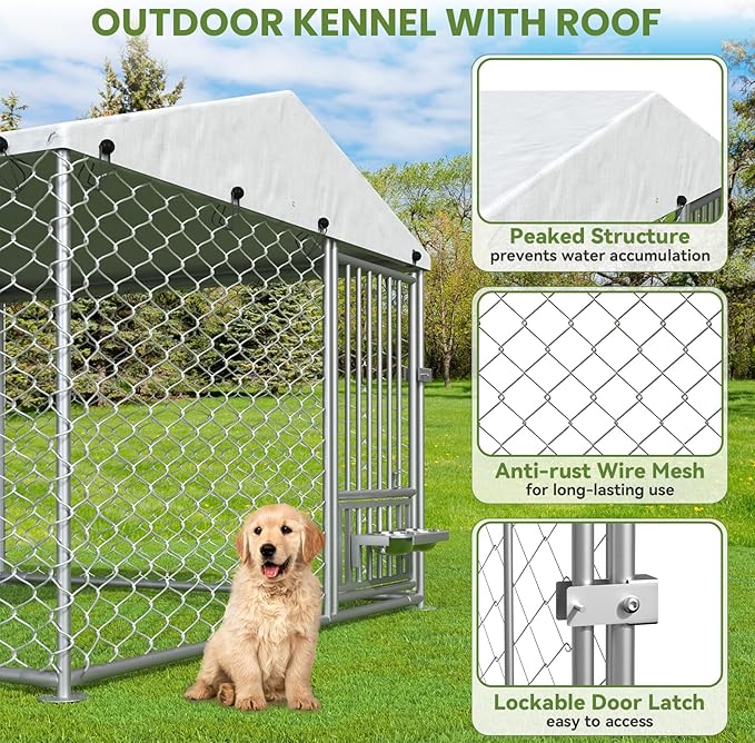 6.7 x 6.7 ft Dog Kennel Outside - Outdoor Dog Kennel with Roof, Heavy Duty Outdoor Dog Kennel with Rotating Feeding Bowls, for Medium Small Dogs
