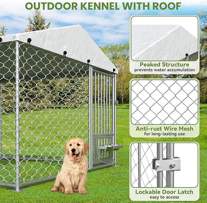 6.7 x 6.7 ft Dog Kennel Outside - Outdoor Dog Kennel with Roof, Heavy Duty Outdoor Dog Kennel with Rotating Feeding Bowls, for Medium Small Dogs