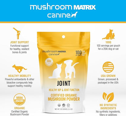 Om Mushroom Matrix Pet - Canine | Joint & Hip Function | USA Grown Human-Grade Organic Mushroom Powder Pet Supplement | Promotes Resilient Bones & Joints for Dogs & Cats | 100 Grams, 3.5 oz