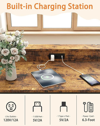 Piskyet 48" Large Dog Crate Furniture, Indoor Dog Kennel Furniture with 4 in 1 Charge Station, Heavy Duty Dog Crate Table with 360°Raised&Rotatable Feeder, Double Door Kennel with Wheels,Rustic Brown