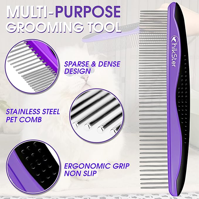 Dog Comb for Grooming Pet Comb with Stainless Steel Rounded Teeth Rubber Handle for Large Medium & Small Cat Comb Removes Knots & Tangled Hair