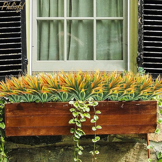 6Pcs Artificial Grass Fake Plants 17.3in Outdoor Plastic Plants UV Resistant Greenery Fake Grass for Home Window Garden Office Patio Hanging Planter Pathway Front Porch Décor Orange Yellow