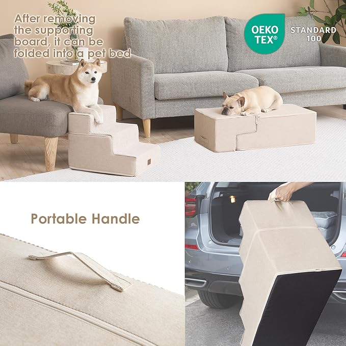 EHEYCIGA Dog Stairs for Bed 18”H, 4-Step Dog Steps for High Bed, Pet Steps for Small Dogs and Cats, Non-Slip Balanced Dog Indoor Ramp, Beige