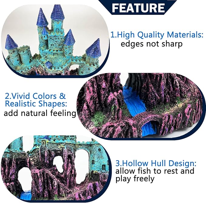 Aquarium Castle Decoration for Fish Tank Castle Cave Hideouts House Plants Supplies Accessories Safe for Freshwater and Saltwater Fish Tanks – Medium（Blue）