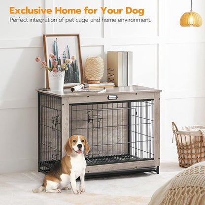HOOBRO Dog Crate Furniture, 32.5" Medium Dog Kennel Indoor, Wooden Cage with Pull-Out Tray, Double Doors Pet House Side End Table for Medium/Small Dogs, Greige BG802GW03