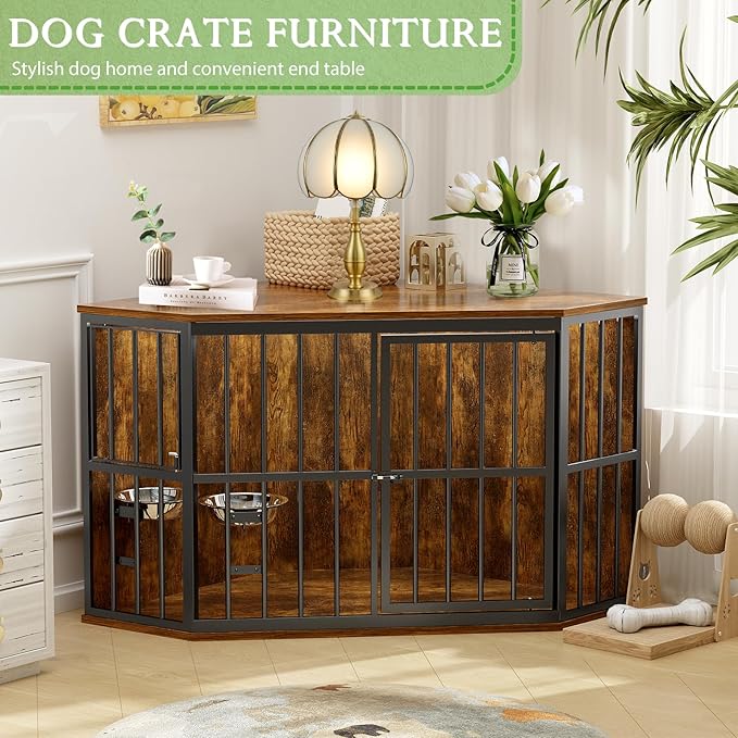 Large Dog Crate Furniture, 53” Heavy Duty Corner Dog Crate with 2 Stainless Steel Bowls, Dog Kennel Furniture Style House, Wooden Decorative Pet House End Side Table, Chew-Resistant, Rustic