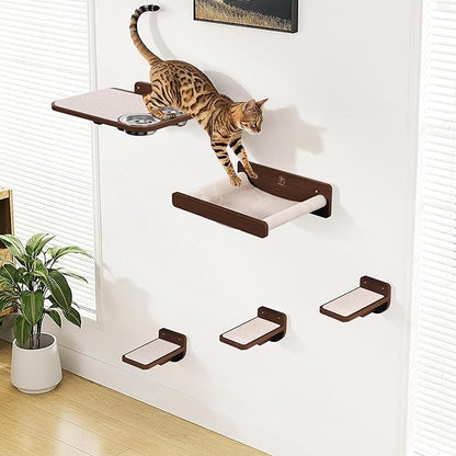 Space-Saving Cat Wall Shelves – Interactive Cat Wall Climber with Hammock & Dog Proof Feeding Station for All Indoor Breeds – Solid Walnut Wood with Beige Carpet