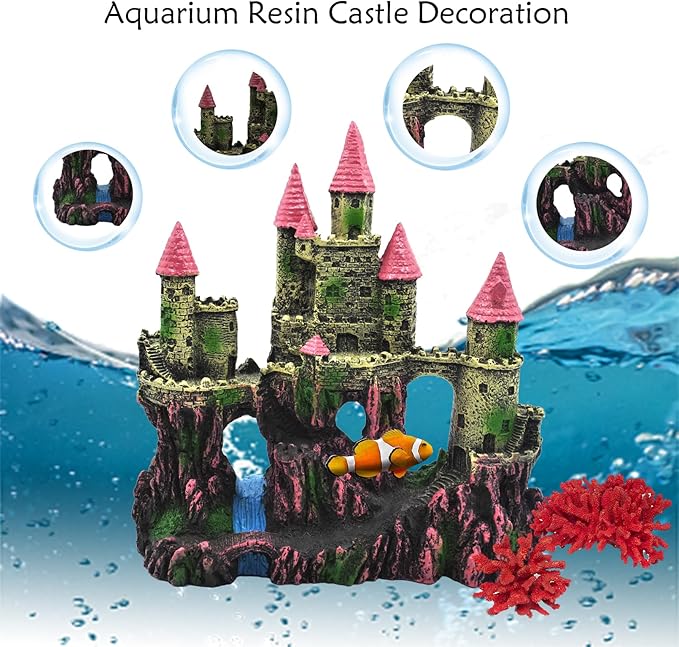 Aquarium Castle Decorations, Resin Castle for Fish Tank with Randomly Color Plants Decor Accessories for Freshwater and Saltwater Fish Tanks (Pink)