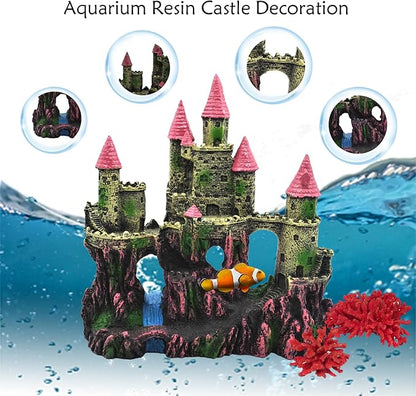 Aquarium Castle Decorations, Resin Castle for Fish Tank with Randomly Color Plants Decor Accessories for Freshwater and Saltwater Fish Tanks (Pink)