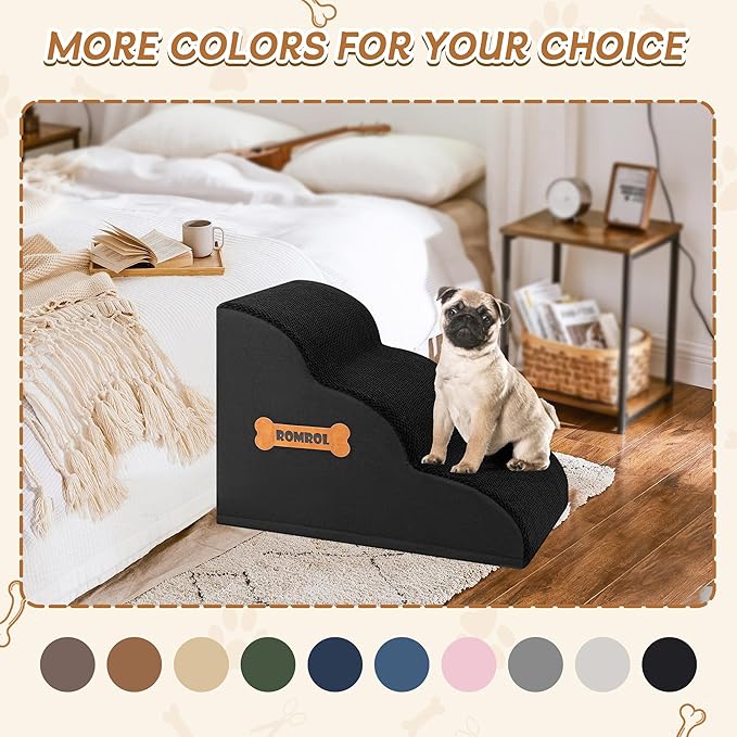 Romrol Dog Stairs Ramp for Beds Couches, Extra Wide Pet Steps with Durable Non-Slip Waterproof Fabric Cover, Pets Slope Stairs, 3-Tiers,Black