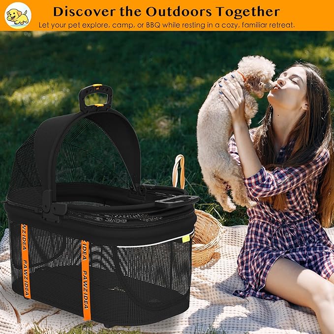 PAWZIDEA Portable Small Dog Crate for Car Travel, Enclosed Pet Car Seats for Small/Medium Dogs & Cats, Reversible No-Zip Canopy, Soft-Sided Pet Carrier Cage, Collapsible Travel Dog Kennel, Chew-Proof