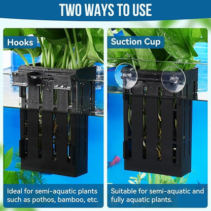 Upgraded Large Aquarium Plant Holder with Hooks and Suction Cups for Fish Tank Aquaponic Plant Cultivation and Aquascape Decorations (Black)
