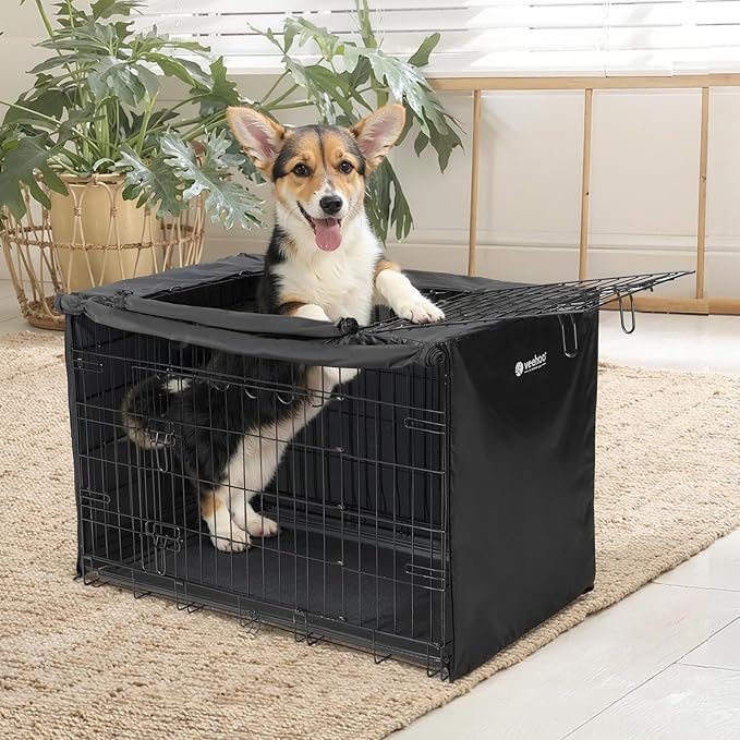 Veehoo 24 inch Dog Crate for Small Dogs with Three Doors & Cover-Metal Wire Dog Cage Kennels & Houses for Puppy&Cats, Indoor Outdoor Collapsible Metal Contour Dog Crate Kennels Kit with Removable Tray