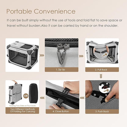 EHEYCIGA Collapsible Dog Crate 30 Inches, Portable Travel Crate for Medium Dogs, Soft Foldable Pet Kennel with 4-Door Mesh Windows Indoor & Outdoor, Grey