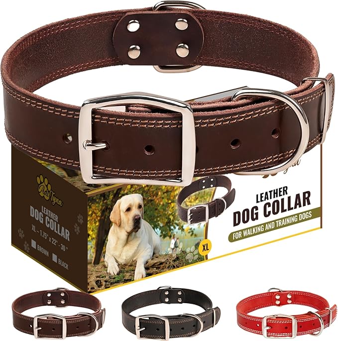 ADITYNA Heavy Duty Leather Dog Collar for Extra-Large Dogs - Soft and Strong Leather Dog Collar for XL Dog Breeds (Extra-Large: Fit 22" - 30" Neck, Brown)