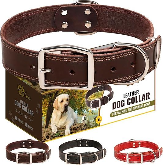 ADITYNA Heavy Duty Leather Dog Collar for Extra-Large Dogs - Soft and Strong Leather Dog Collar for XL Dog Breeds (Extra-Large: Fit 22" - 30" Neck, Brown)