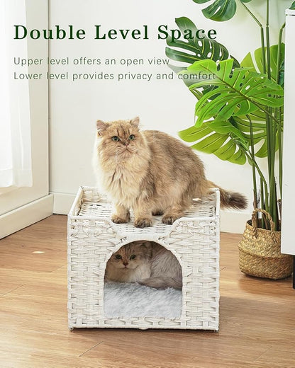 Cat Beds Indoor Kitten House, Handwoven Rattan Cat Cave Pet Cube, Large Cat Houses, One Bed Mat, Foldable, Hideaway, 16.5x16.5x13.2 Inches, 2 S-Shaped Hooks in Living Room Bedroom White