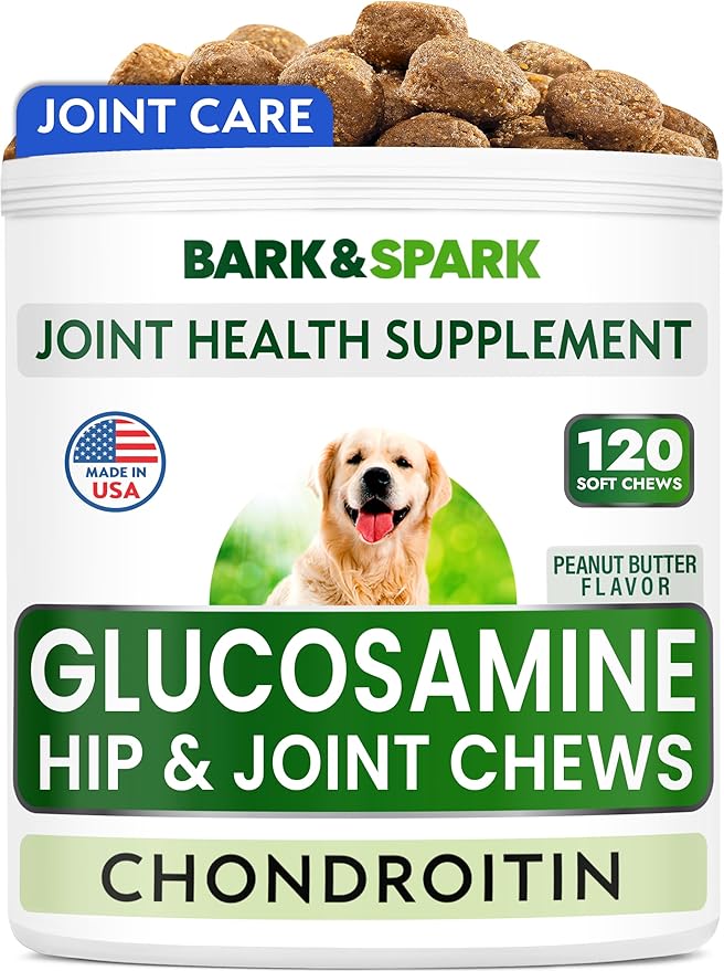 BARK&SPARK Glucosamine Chondroitin Dog Hip & Joint Supplement - Joint Pain Relief - Hip & Joint Chews - Joint Support Large & Small Breed - Senior Doggie Vitamin Pills Joint Health (120 Treats)