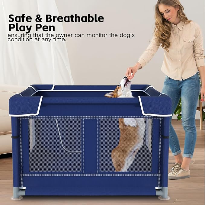 Dog Playpen, 42_42 Inch. Puppy PlayPen with Gate for Puppies,Oxford Cloth Tear Resistant Fabric. Pet PlayPen with Roof for Outdoors & Indoors. Anti-Tipping. Zipper Door. Ideal for Dogs and Cats