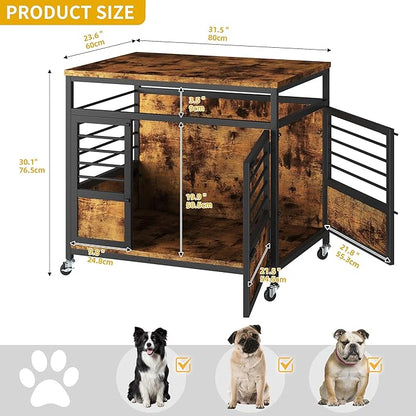 DWVO Dog Crate Furniture, 32 Inch Dog Kennel Indoor Furniture End Table Dog Crate for Dogs, Modern Decorative Dog Crate Wooden Dog Crate Furniture with Wheels, Chew-Resistant, Rustic Brown