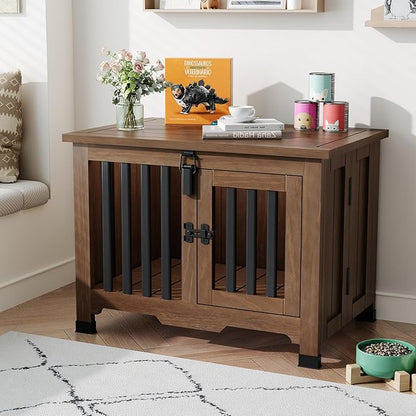 Wooden Dog Crate Furniture,Foldable and Portable Dog Kennel Furniture Indoor,Decorative Dog Crate End Table No Assembly.(Small,Maroon)