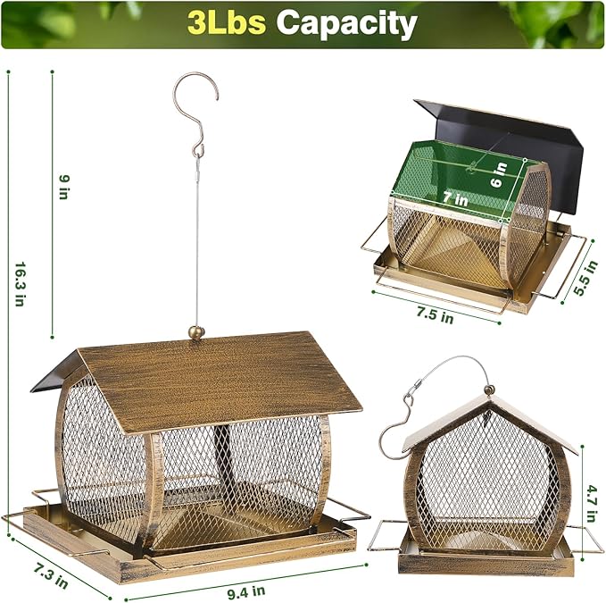 Bird Feeder for Outdoors, Wild Finch Birds Feeders Sparrow Feeder, Metal Birdfeeder Outside Hanging with Lid Fixing Buckle, 2Lbs Capacity