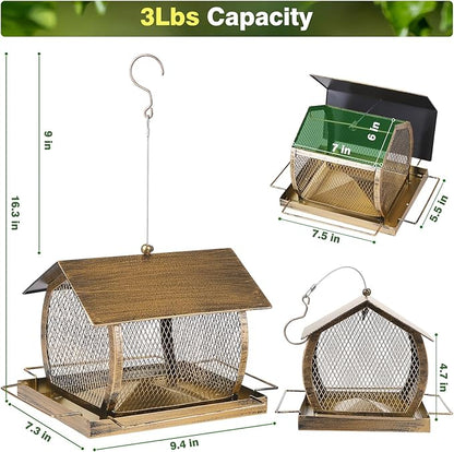 Bird Feeder for Outdoors, Wild Finch Birds Feeders Sparrow Feeder, Metal Birdfeeder Outside Hanging with Lid Fixing Buckle, 2Lbs Capacity