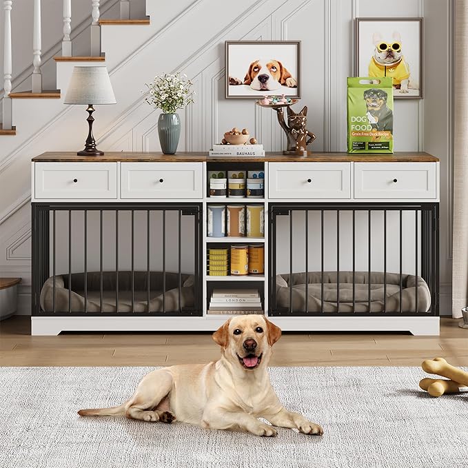 IDEALHOUSE 82” Large Dog Crate for 2 Dogs, Dog Kennel Indoor with 4 Drawers and Shelves, Double Dog Crate Furniture TV Stand, Wooden Heavy Duty Dog Crate for Medium Large Dogs, White
