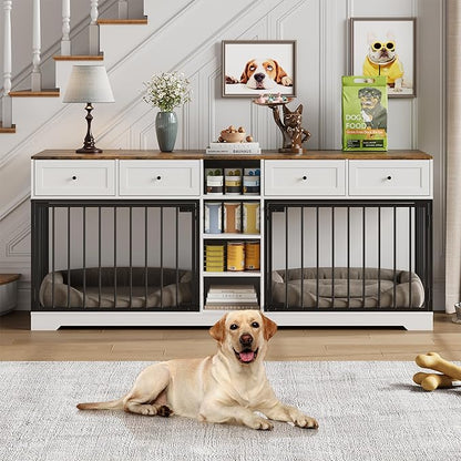 IDEALHOUSE 82” Large Dog Crate for 2 Dogs, Dog Kennel Indoor with 4 Drawers and Shelves, Double Dog Crate Furniture TV Stand, Wooden Heavy Duty Dog Crate for Medium Large Dogs, White