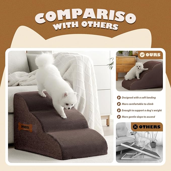 Romrol Dog Stairs Ramp for Beds Couches, Extra Wide Pet Steps with Durable Non-Slip Waterproof Fabric Cover, Pets Slope Stairs, 3-Tiers,Coffee
