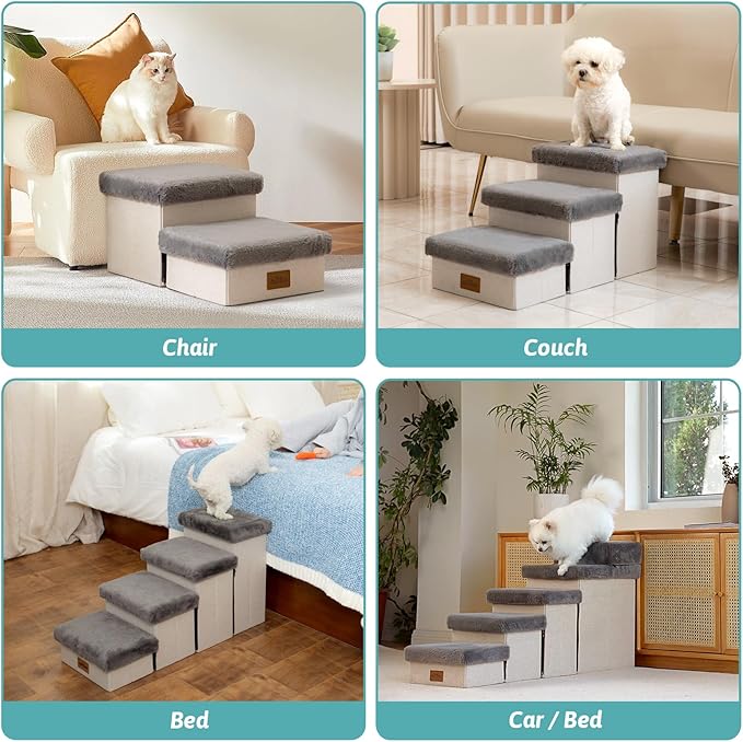 Dog Stair for Small Dogs with Storage, 13.6" H Foldable Pet Step with Soft Leakproof Cover, Older Cat Ramp for Chair Couch Sofa, Lightweight, Comfort, 24.8x13x13.6 inch, 3 Tiers, Grey
