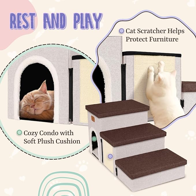 downluxe Dog Stairs for Small Dogs, Foldable Dog Steps for Bed, Sofa and Chair, Non-Slip Pet Steps with Cat Scratcher and Condo (3-Step Pet Stairs, Brown-Beige)