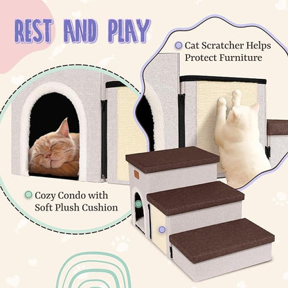 downluxe Dog Stairs for Small Dogs, Foldable Dog Steps for Bed, Sofa and Chair, Non-Slip Pet Steps with Cat Scratcher and Condo (3-Step Pet Stairs, Brown-Beige)