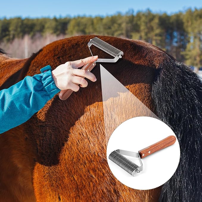 Abbylike Large Cow Brush Livestock Scratching Horse Comb for Goats Brush Cattle Supplies Shedding Dematting Comb with 27 Stainless Steel Blades and Wood Handle