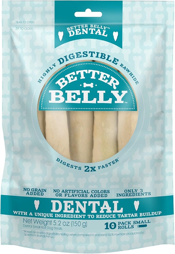 Better Belly Highly Digestible Rawhide Dental Chews, Treat Your Dog to a Chew with NO Artificial Colors or Flavors, 10 Count